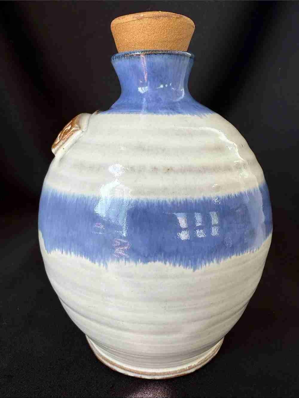 Handmade Ceramic Flask Vase in Blue and White with Cork Stopper